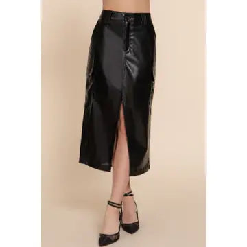 Black Faux Leather Midi Cargo Skirt