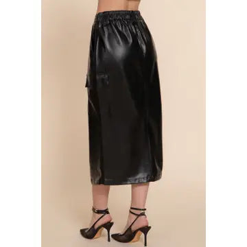 Black Faux Leather Midi Cargo Skirt