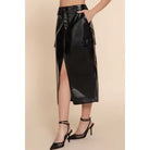 Black Faux Leather Midi Cargo Skirt