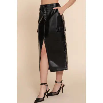 Black Faux Leather Midi Cargo Skirt