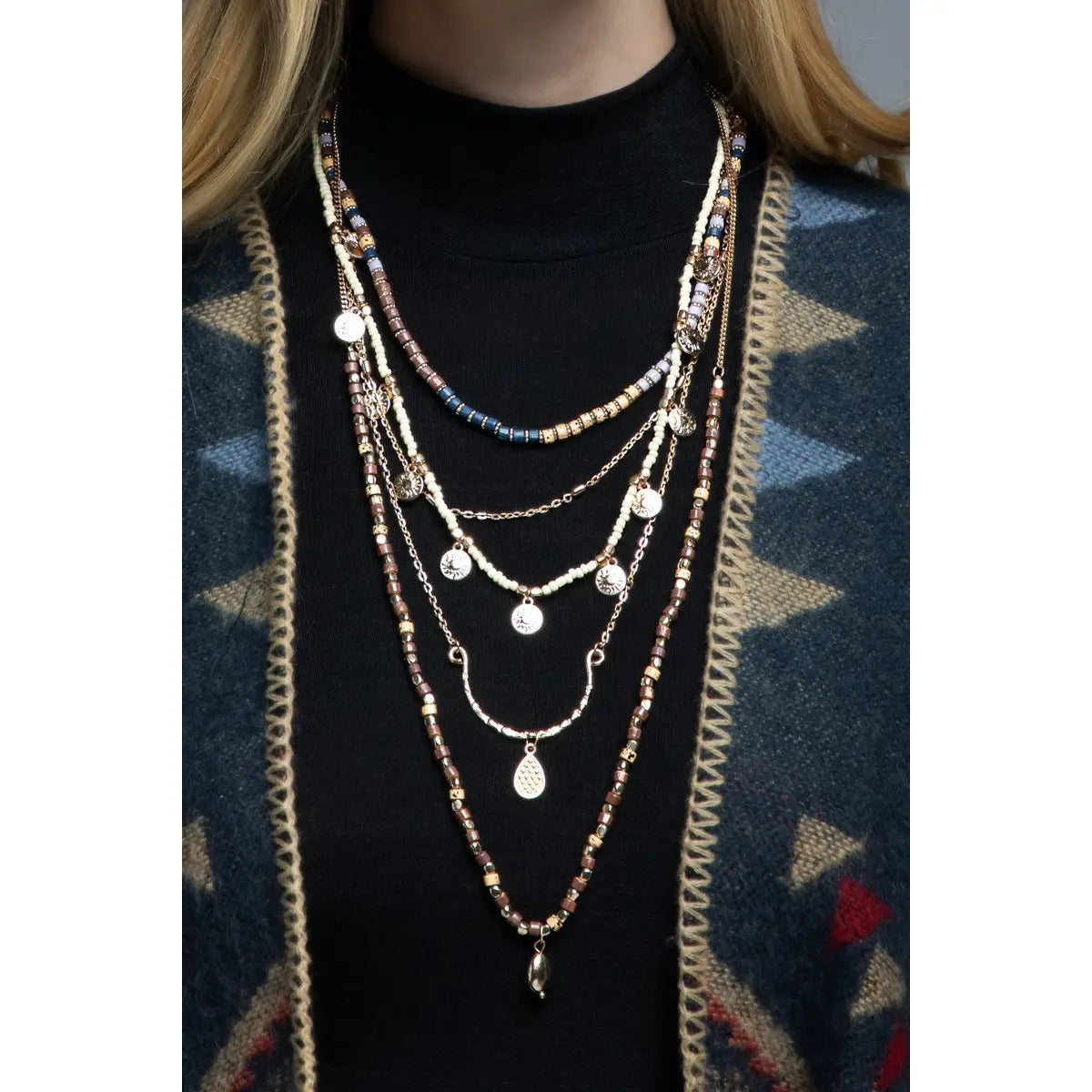 Glass Bead and Metal Charms Multi 5  Strand Necklace - Athena's Fashion Boutique