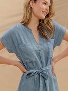 
Belted Chambray Cuff Sleeve Mini Shirt Dress
