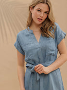 
Belted Chambray Cuff Sleeve Mini Shirt Dress
