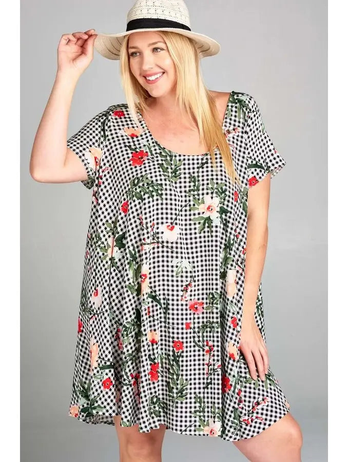 Plus Size Floral Checkered Babydoll Dress - Athena's Fashion Boutique
