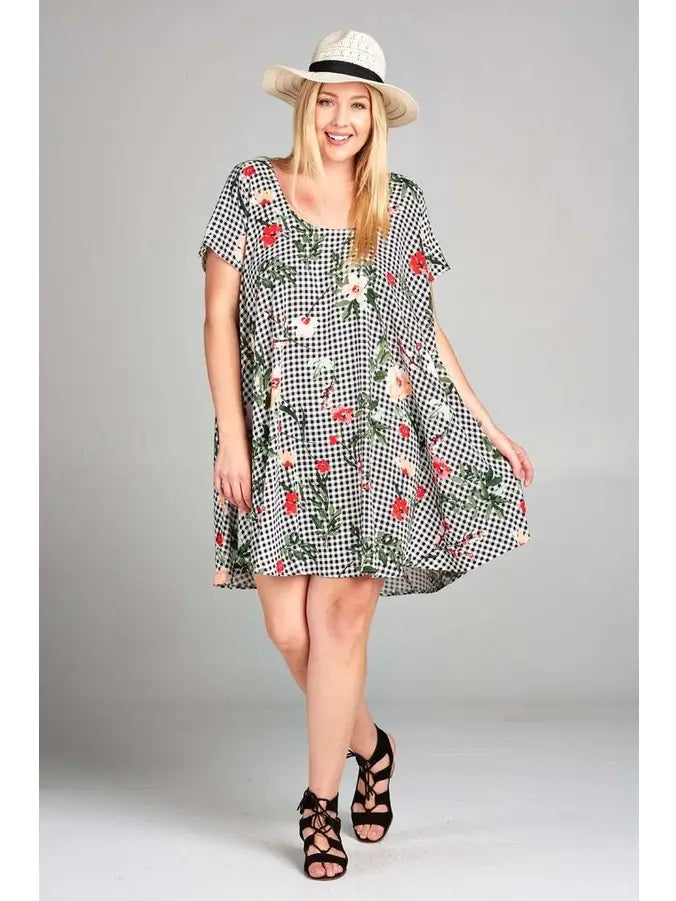 Plus Size Floral Checkered Babydoll Dress - Athena's Fashion Boutique