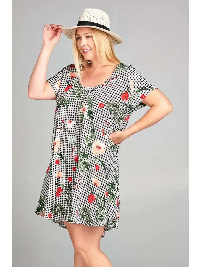 Plus Size Floral Checkered Babydoll Dress - Athena's Fashion Boutique