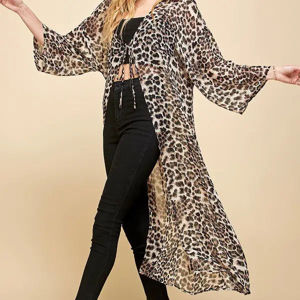 Women Cheetah Animal Print Drawstring Long Kimono