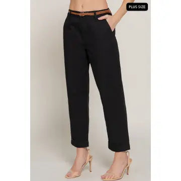 Black Plus Size Chino Pants with Braided Belt