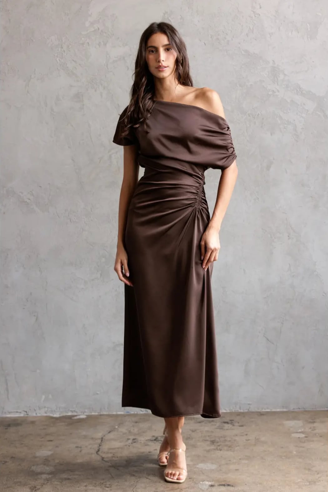 Jade One Shoulder Ruched Midi Dress  Shoptiques