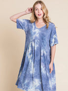 Blue and White Tie-Dye Shirred Waist Dress