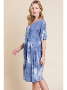 Blue and White Tie-Dye Shirred Waist Dress