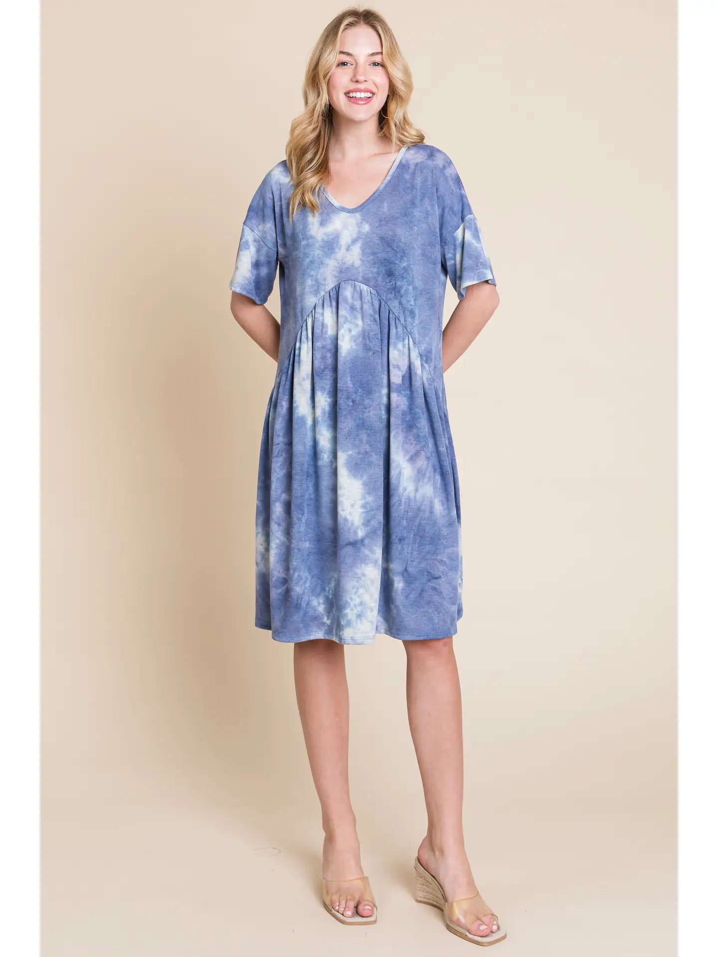 Blue and White Tie-Dye Shirred Waist Dress