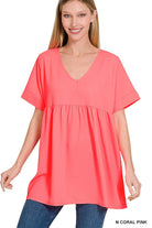 Neon Coral Pink Woven Empire Waist Shirring Top