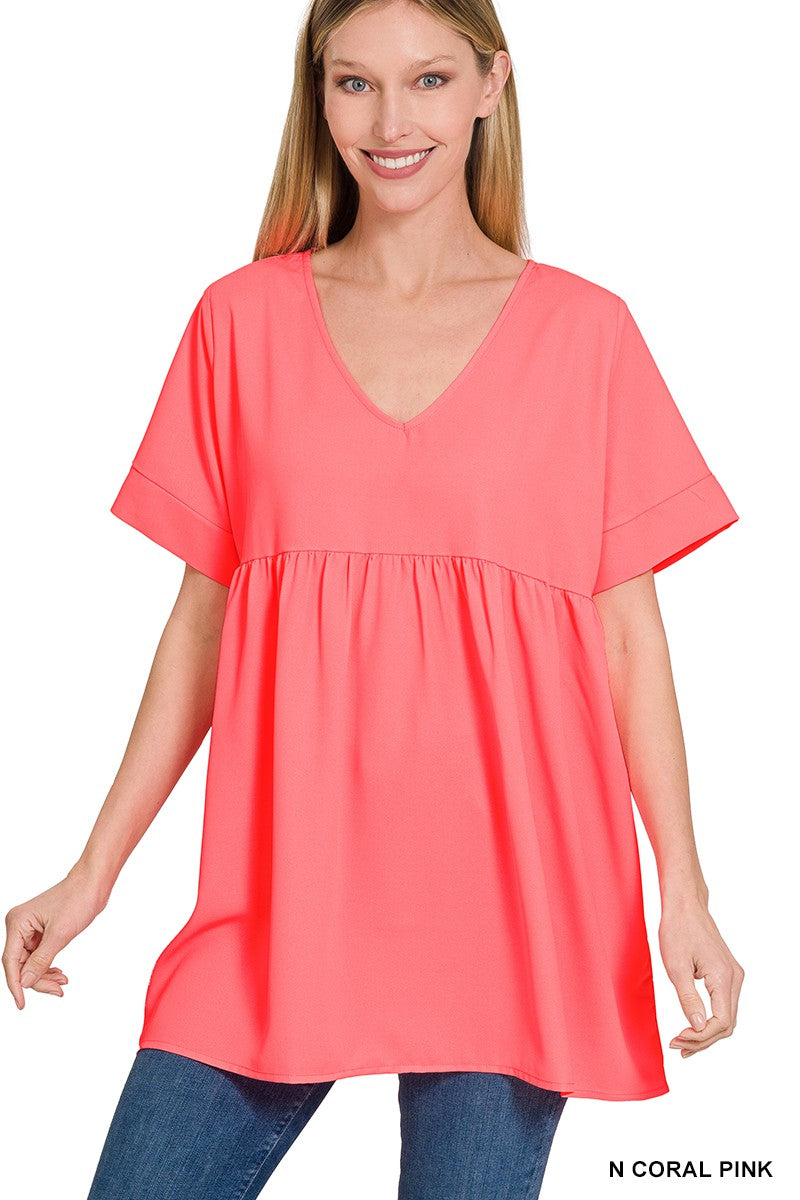 Neon Coral Pink Woven Empire Waist Shirring Top