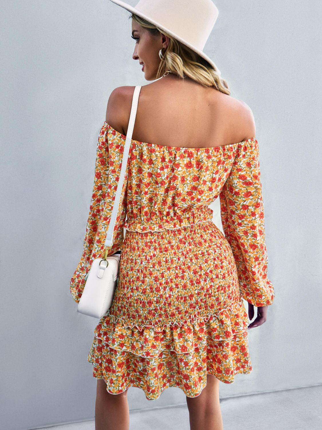 Floral Smocked Off-Shoulder Ruffled Dress - Blue / S Floral Smocked Off-Shoulder Ruffled Dress - Blue / S