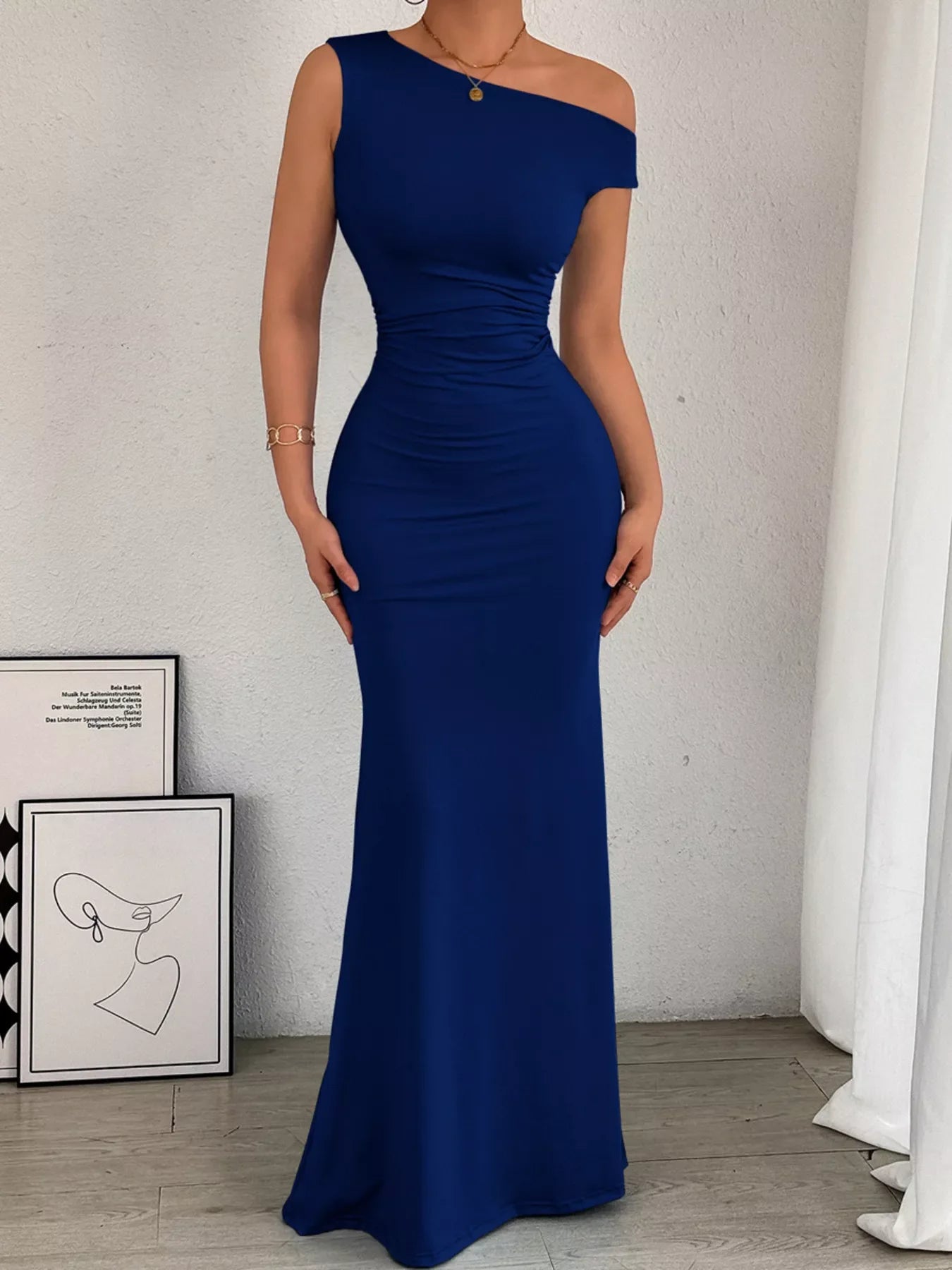 princess polly baby blue dress One-Shoulder Ruched Bodycon Maxi Dress Navy / S