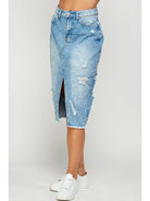 Distressed Long Denim Skirt - Athena's Fashion Boutique