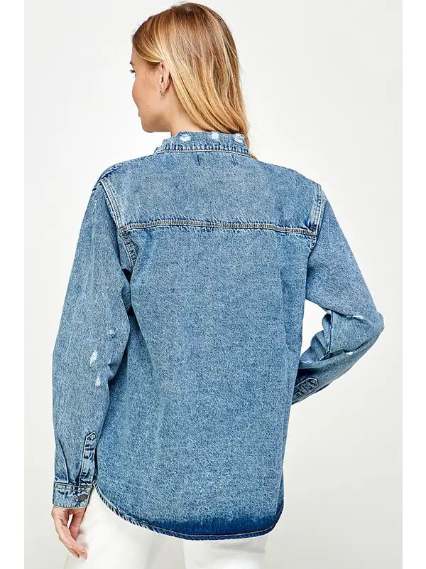 Women's Distressed Denim Wash Jacket - Athena's Fashion Boutique