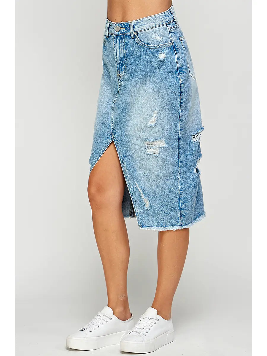 Distressed Long Denim Skirt - Athena's Fashion Boutique