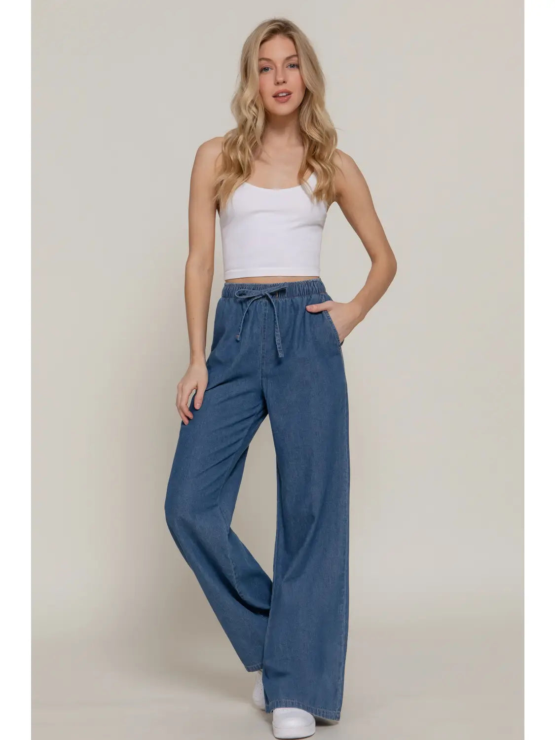 Women's Elastic Waistband Straight Denim Long Pants