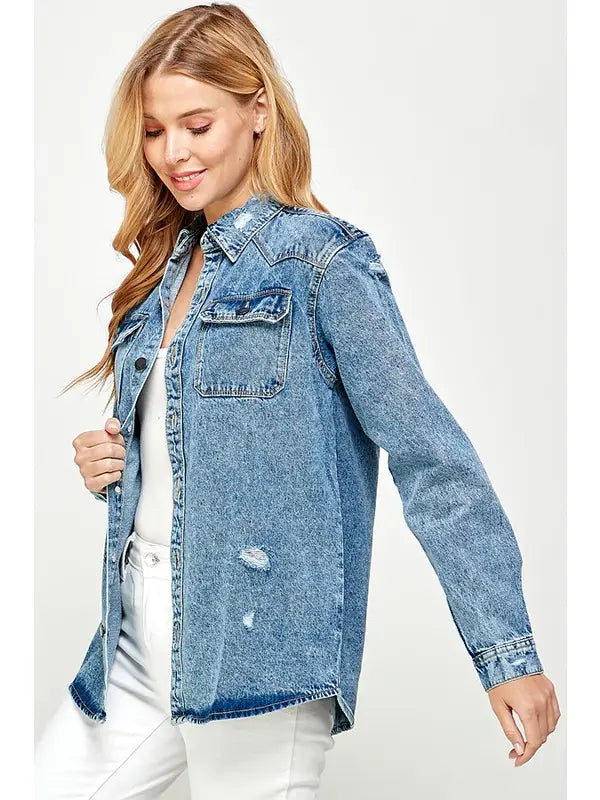 Women's Distressed Denim Wash Jacket - Athena's Fashion Boutique