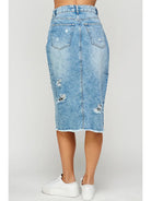 Distressed Long Denim Skirt - Athena's Fashion Boutique