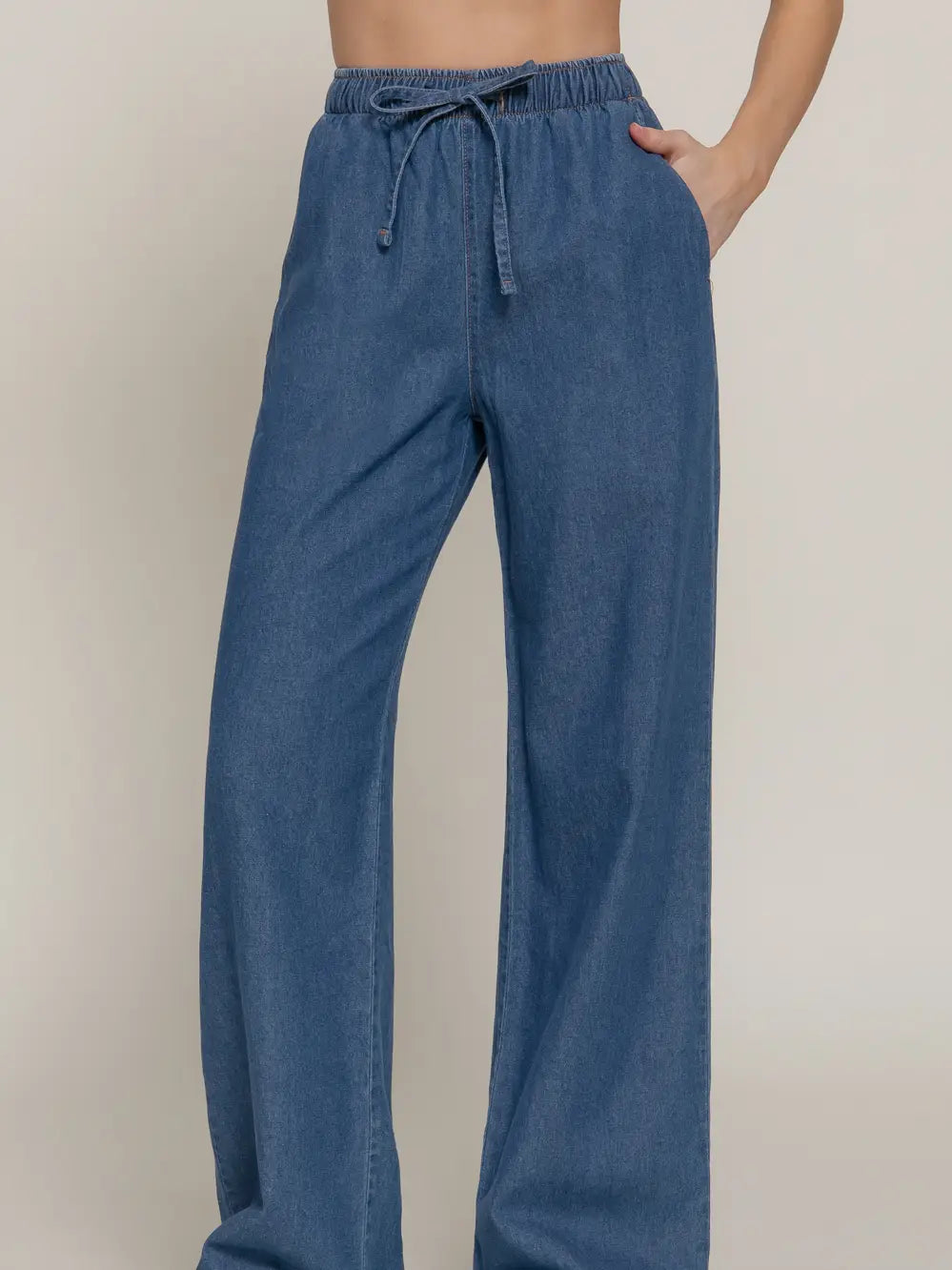 Women's Elastic Waistband Straight Denim Long Pants