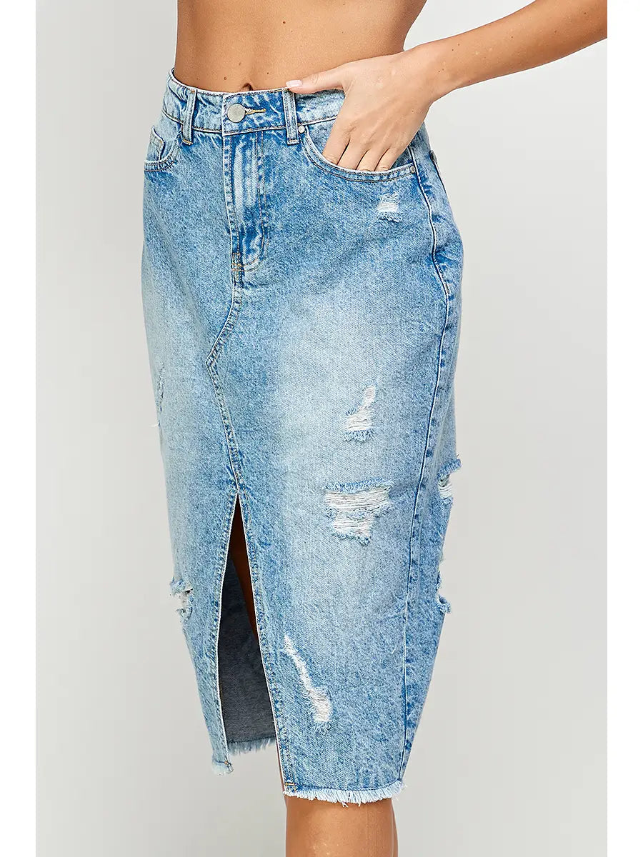 Distressed Long Denim Skirt - Athena's Fashion Boutique