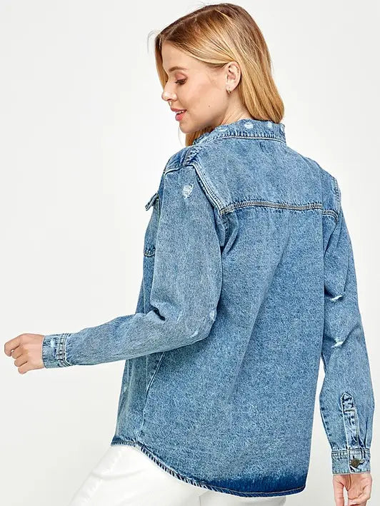 Women's Distressed Denim Wash Jacket - Athena's Fashion Boutique