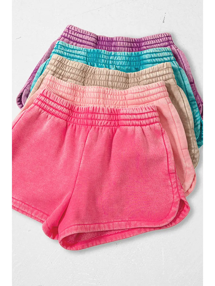 Acid Wash Elastic Waistband Fleece Dolphin Shorts
