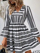 Black and White V-neck Long-Sleeve Ruffled Pleated Mini Dress