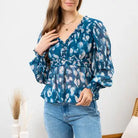 Women's Teal Textured Empire Waist Woven Top