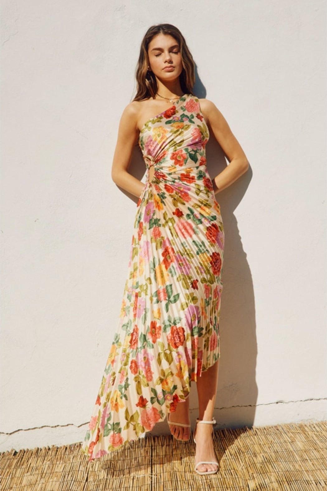 asymmetrical pleated dress Floral Asymmetrical Pleated Dress Multicolor / L
