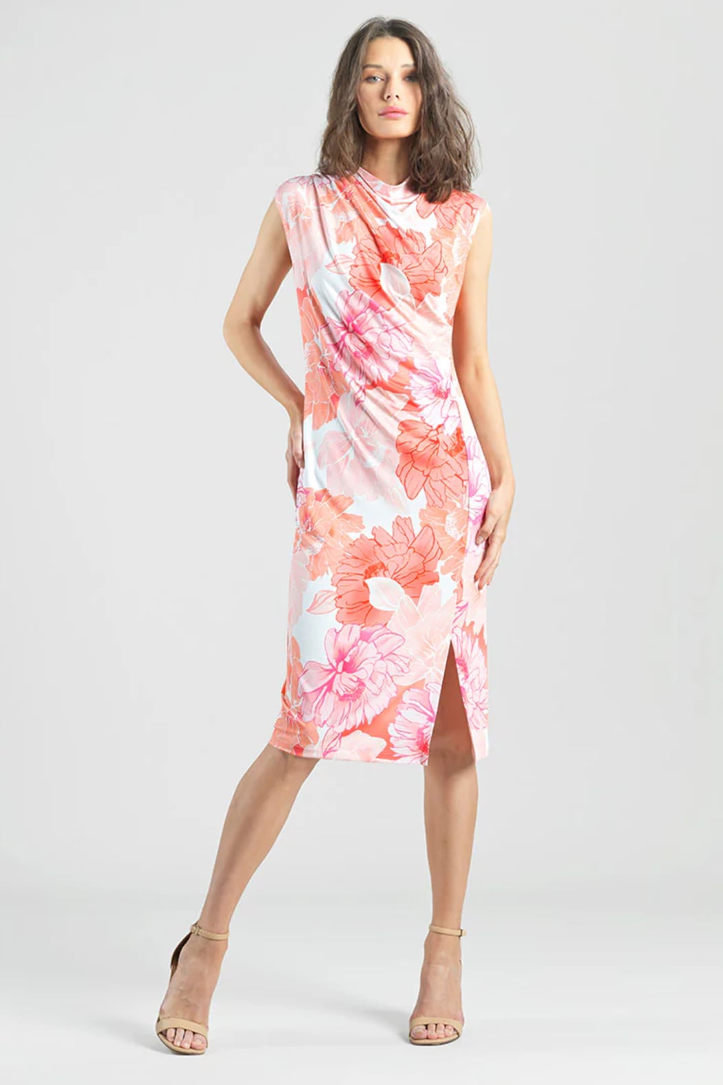 floral ruched midi dress Floral Print Sleeveless Ruched Midi Dress Peach/White / XS