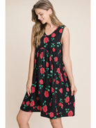 Women's Black and Red Floral Print Shirred Tank Dress
