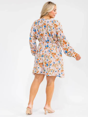 Plus Size Long Sleeve Surplice Elastic Waist Floral Mini Dress