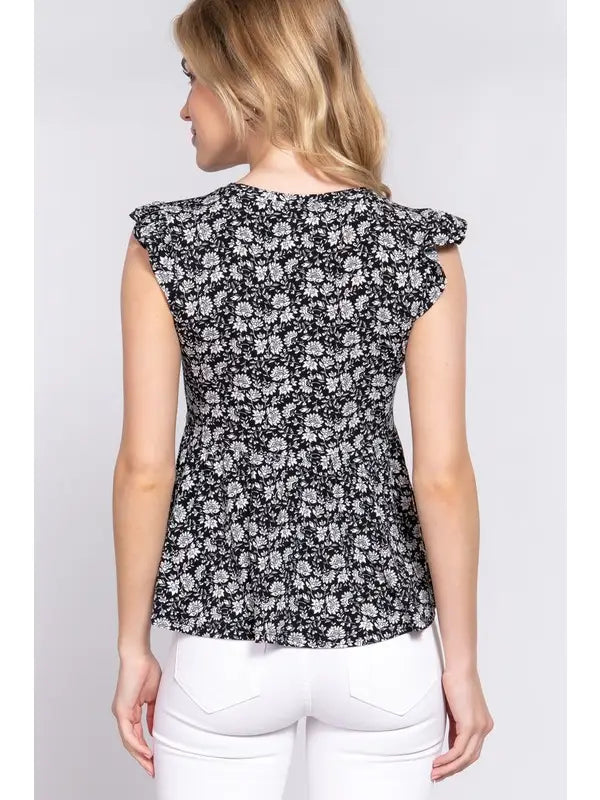 Black and White Sleeveless Ruffle Edge Round Neck Peplum Floral Print Top