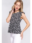 Black and White Sleeveless Ruffle Edge Round Neck Peplum Floral Print Top