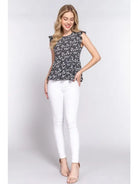 Black and White Sleeveless Ruffle Edge Round Neck Peplum Floral Print Top
