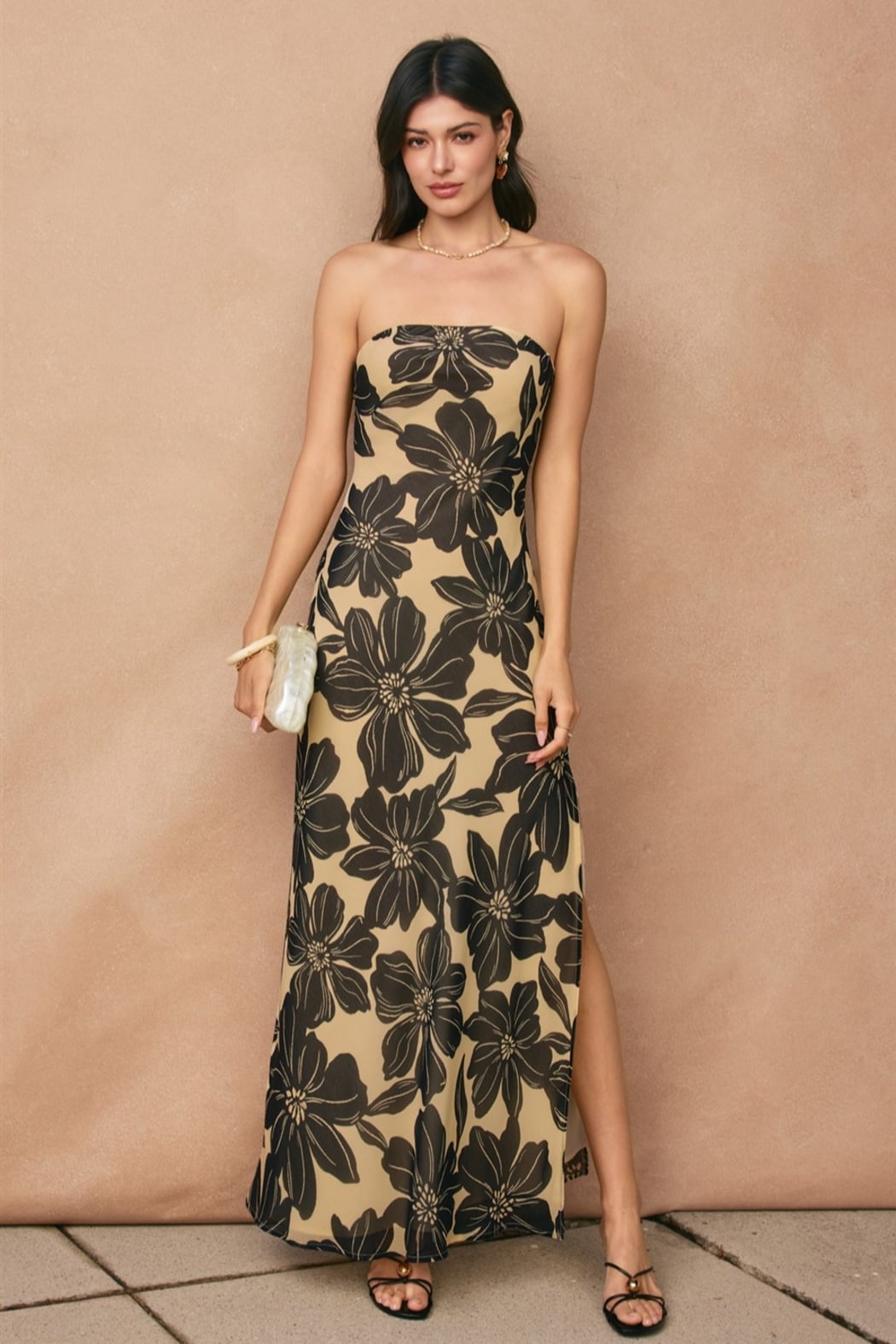 strapless maxi dress with slit Floratique Strapless Maxi Dress CREAM/BLACK / L