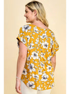 Plus Size Short Sleeve Dolman Yellow Flower Blouse