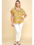 Plus Size Short Sleeve Dolman Yellow Flower Blouse