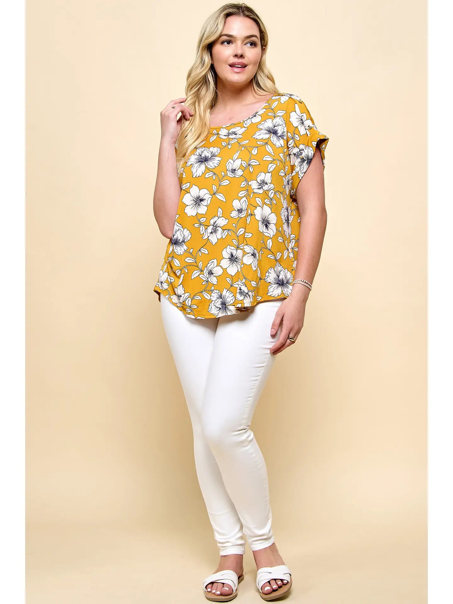 Plus Size Short Sleeve Dolman Yellow Flower Blouse
