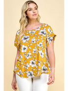 Plus Size Short Sleeve Dolman Yellow Flower Blouse