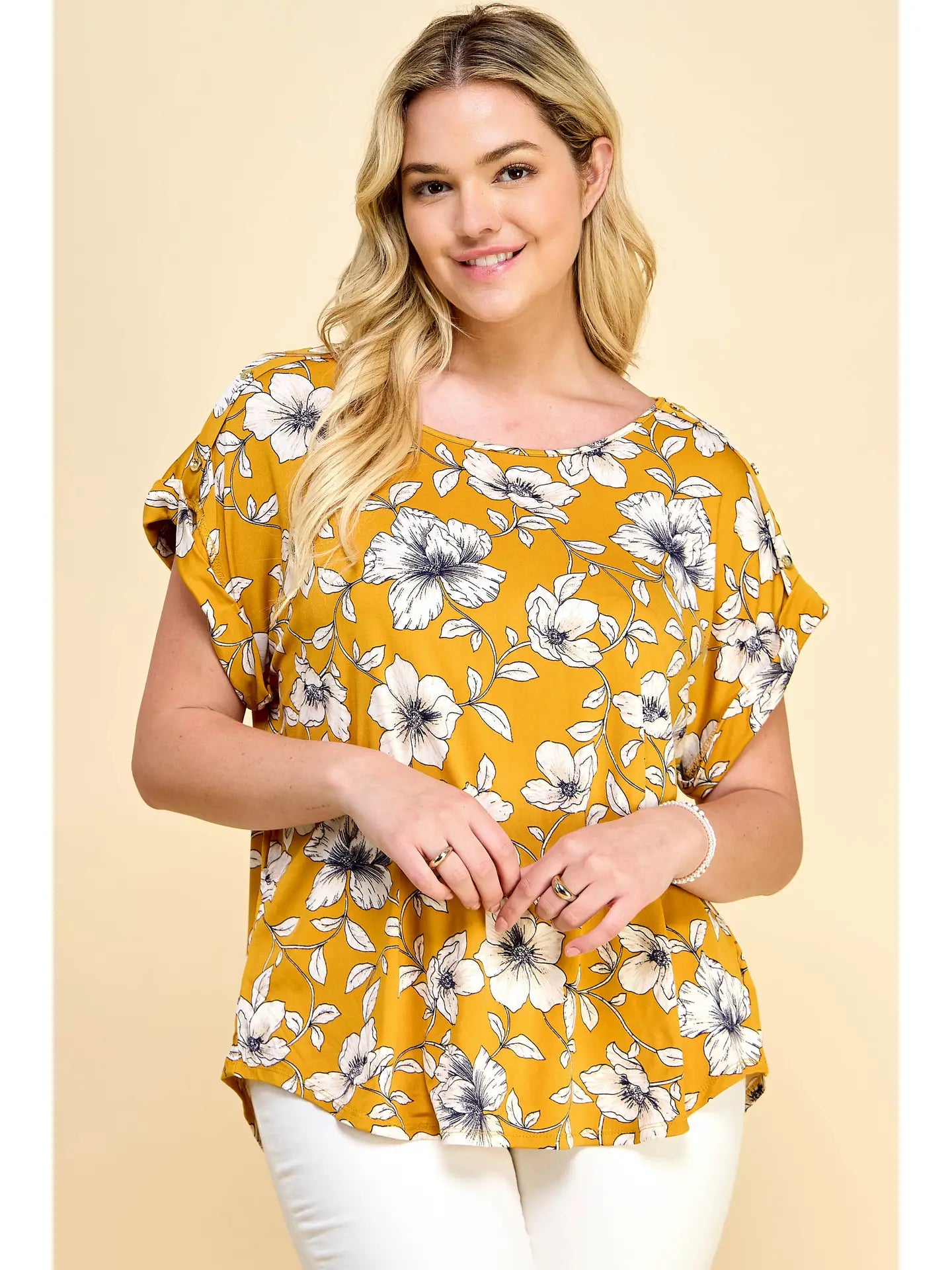 Plus Size Short Sleeve Dolman Yellow Flower Blouse