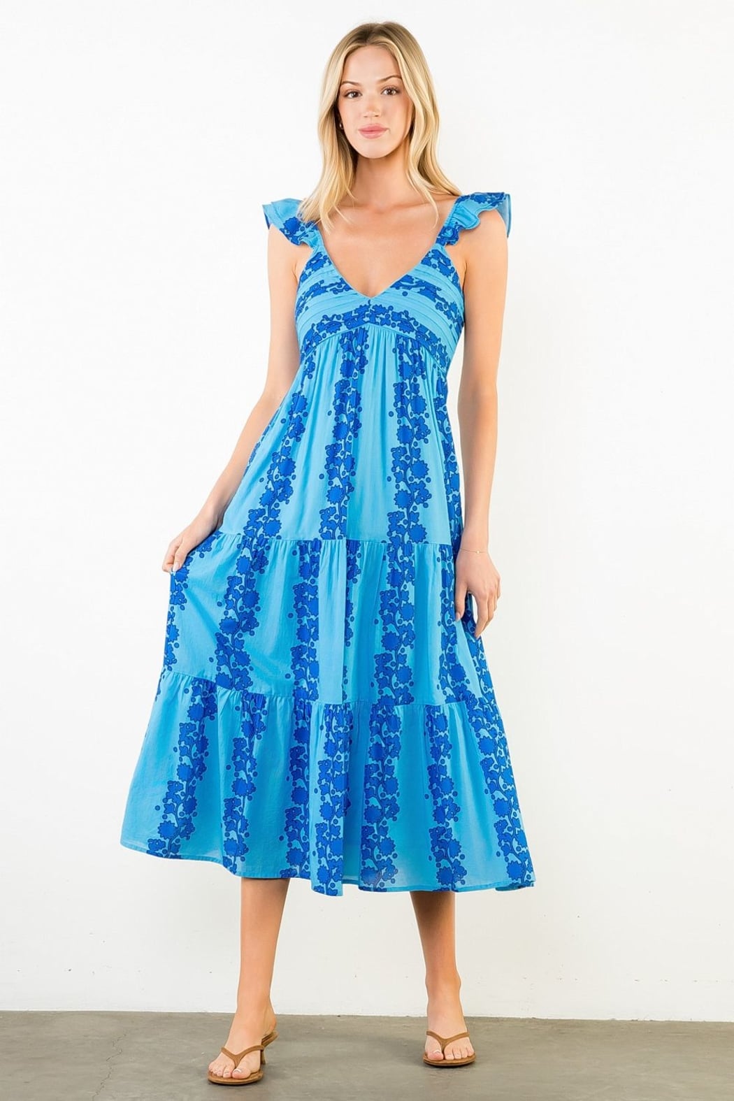 Flutter Sleeve Patterned Print Midi Dress Blue / L Flutter Sleeve Patterned Print Midi Dress Blue / L