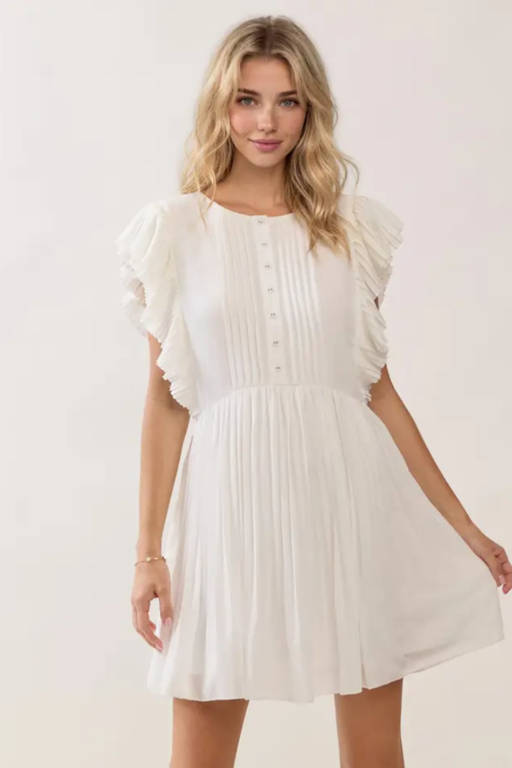 flutter sleeve white mini dress Flutter Sleeve Pleated Mini Dress White / M