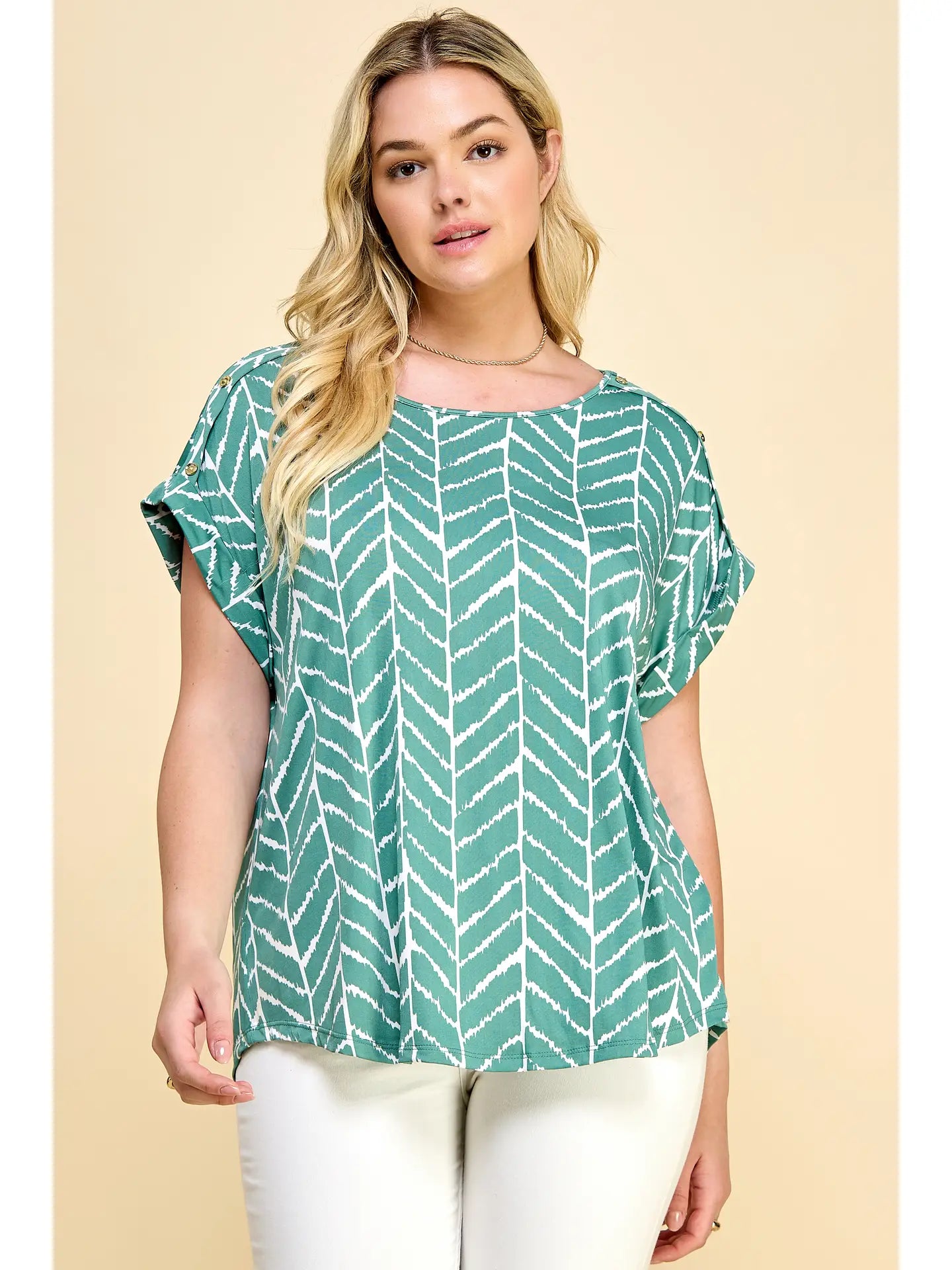 Green Pattern Plus Size Short Sleeve Dolman Top