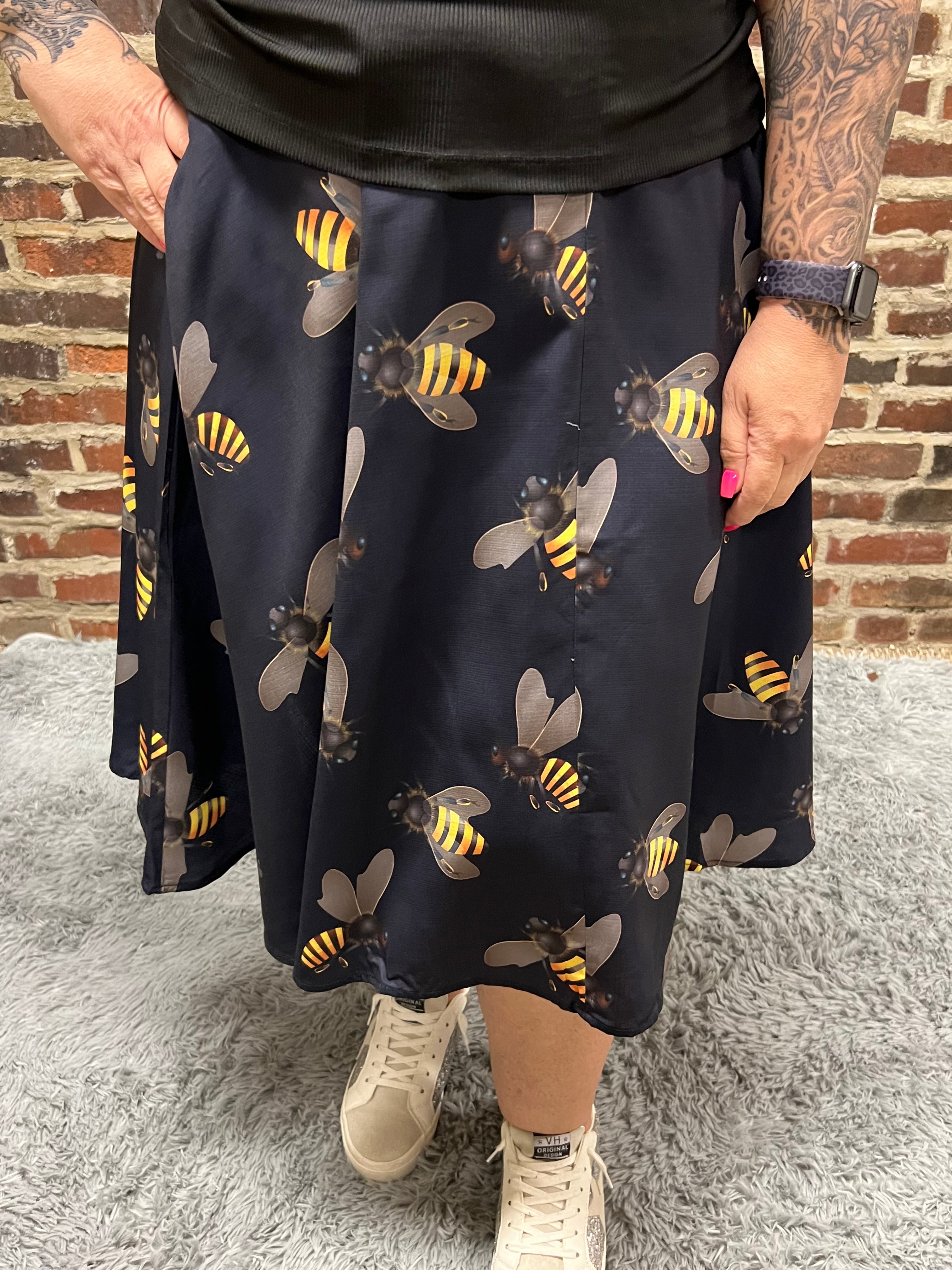 Bee Print Navy Swing Skirt - Athena's Fashion Boutique