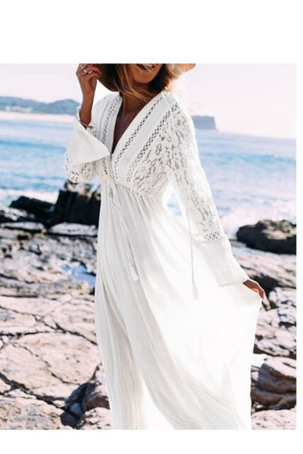 Boho White Lace Beach Dress Bikini Coverup Robe Style Dress Boho White Lace Beach Dress Bikini Coverup Robe Style Dress